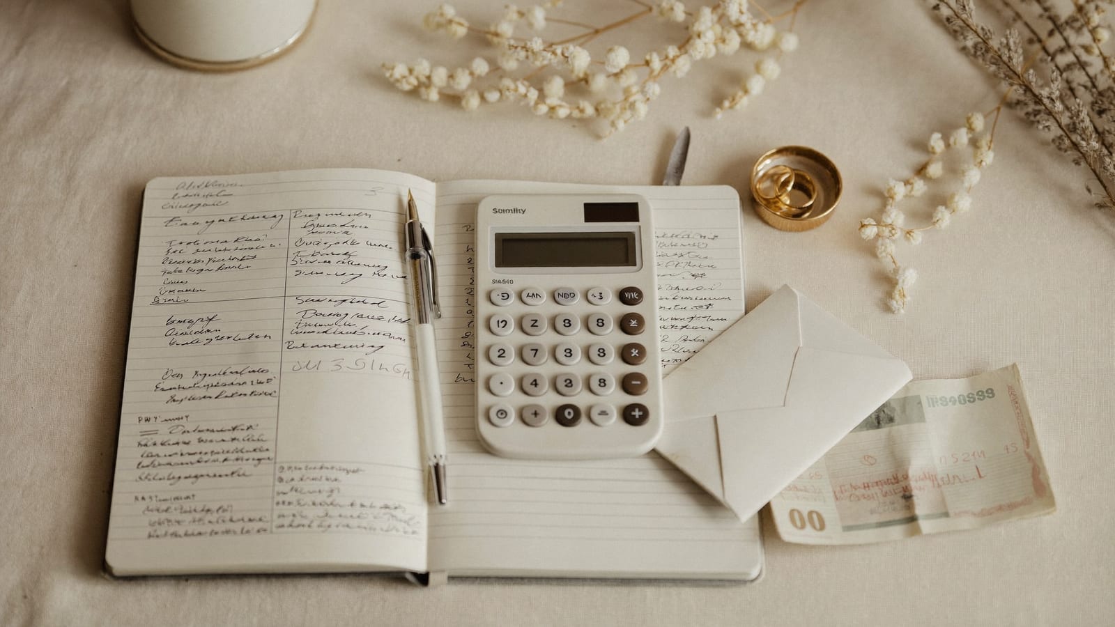 Caiet de planificare a bugetului de nuntă cu coloane scrise de mână, calculator, stilou și bancnote, pe o față de masă crem
