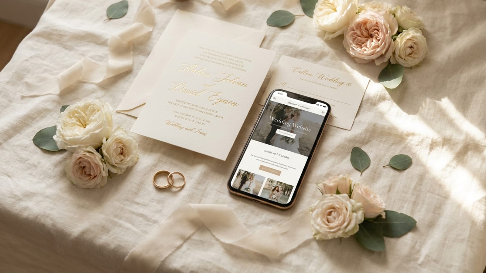 Invitație de nuntă în crem cu caligrafie aurie, alături de un telefon cu invitația online deschisă, trandafiri albi și verighete