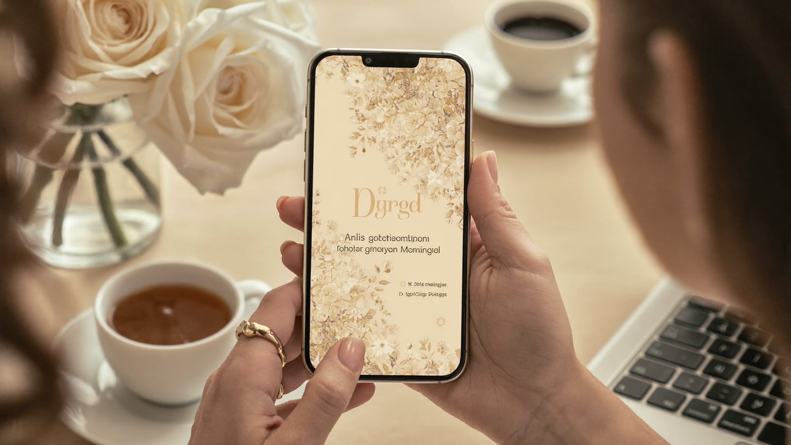 Mâinile unei femei țin un telefon pe care e deschisă o invitație digitală de nuntă în crem și auriu