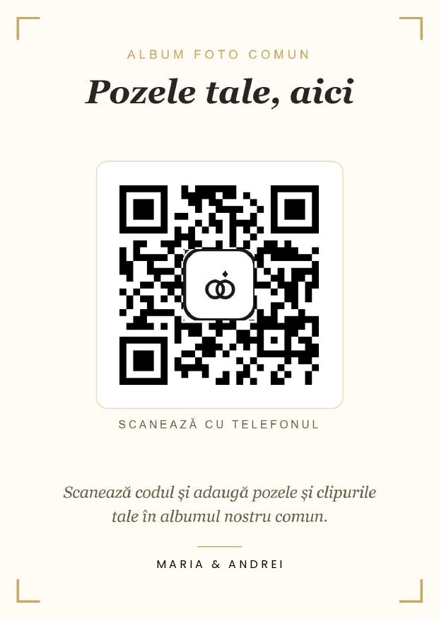 Plăcuță de masă cu cod QR pentru albumul foto comun al nunții, generată automat în Invitera
