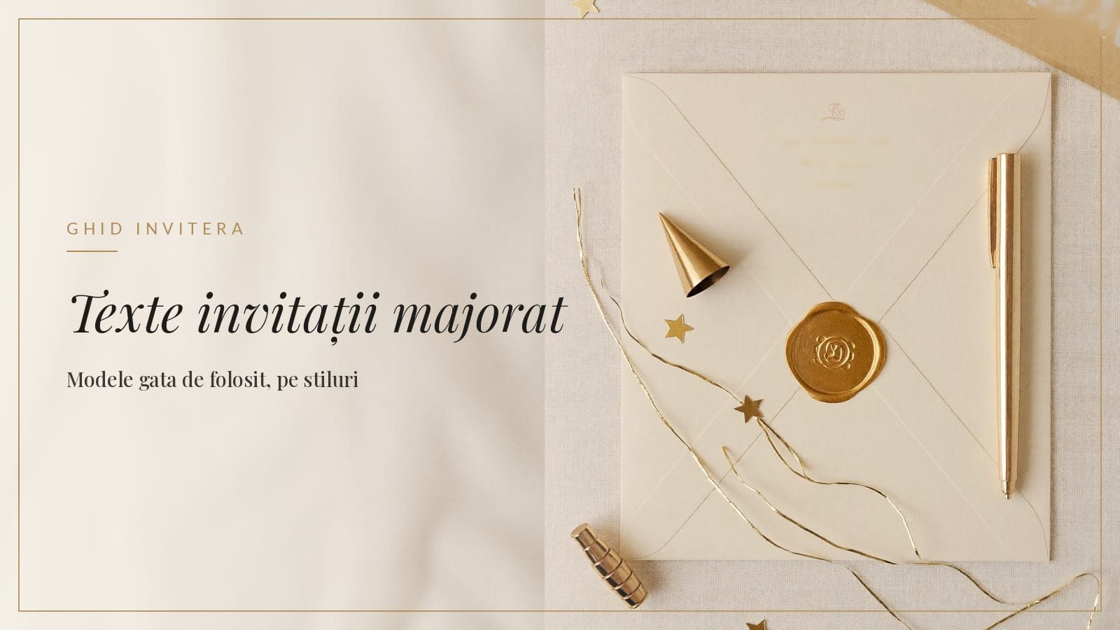 Copertă cu textul „Texte invitații majorat — 40+ modele gata de folosit”, în crem și auriu