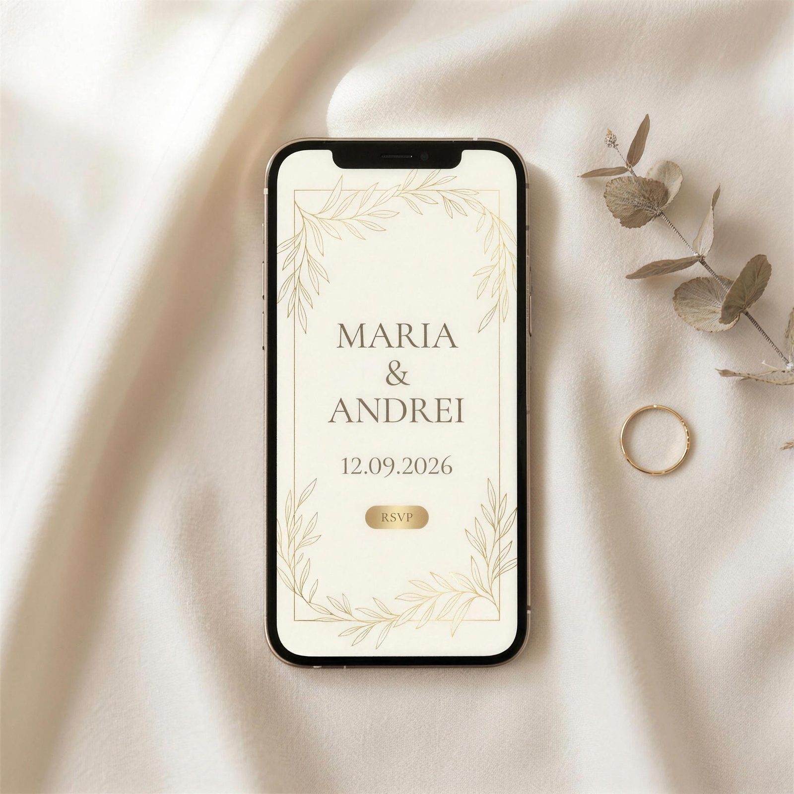 Invitație digitală de nuntă afișată pe telefon — model elegant Invitera cu confirmare RSVP